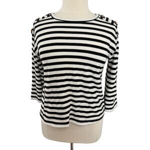 Lavish Black/Cream Striped Knit 3/4 Sleeve Top w/Tortoise Button  Detail, Size L
